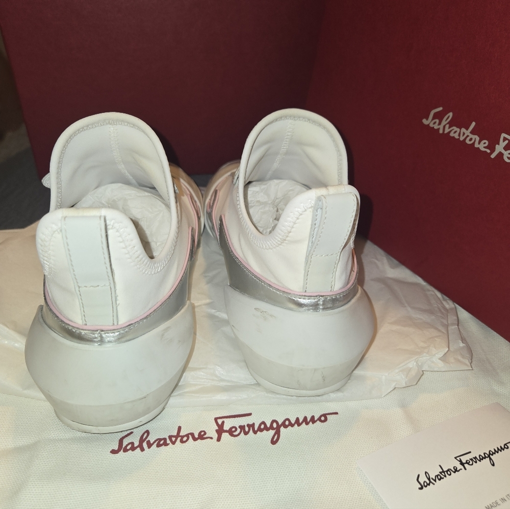 Ferragamo Nile Neoprene leather women's Sock sneakers Pink and white 8.5/ 39 - Picture 10 of 14